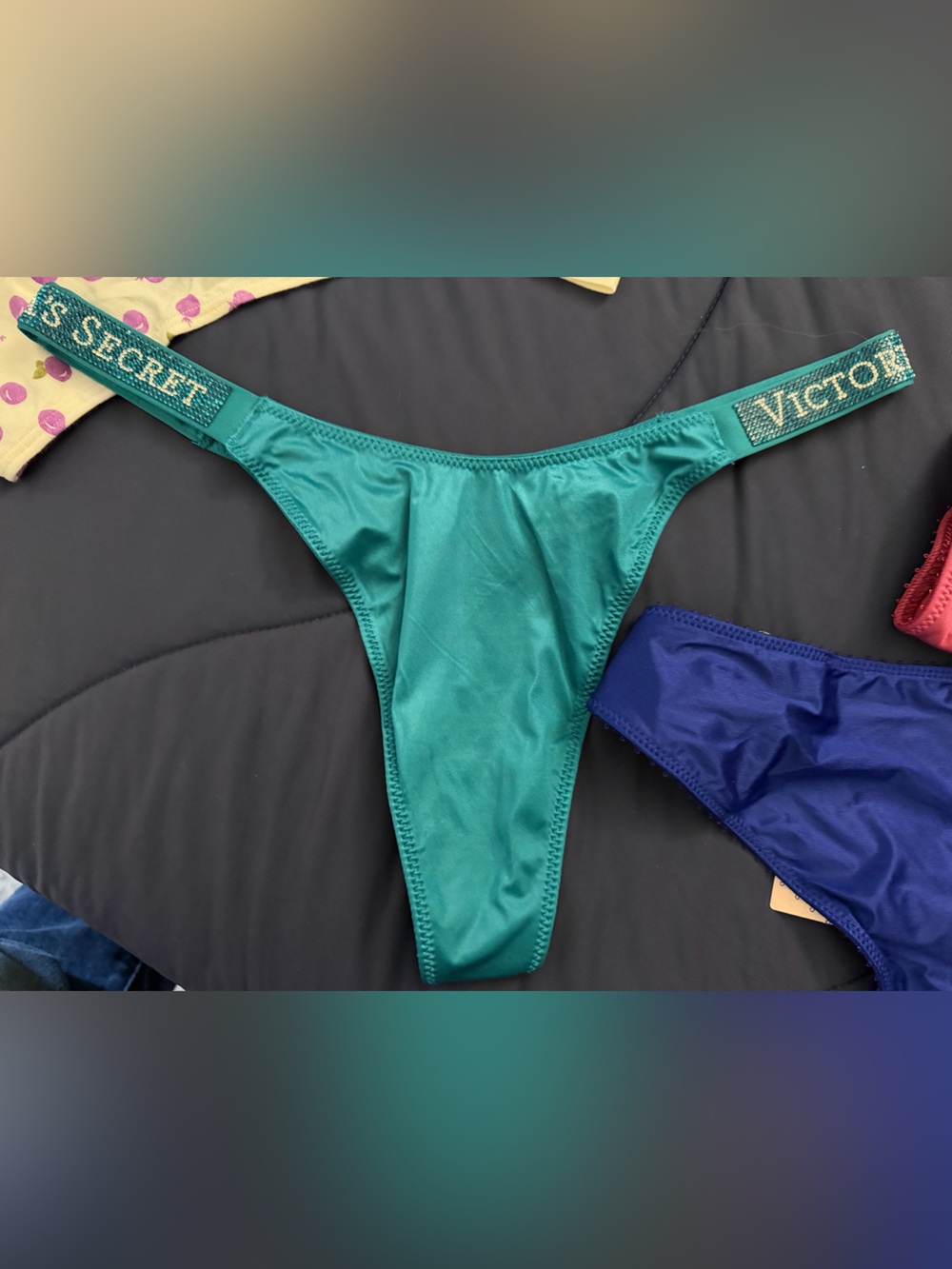Victoria's Secret Teal Satin Thong with Bling Waistband
